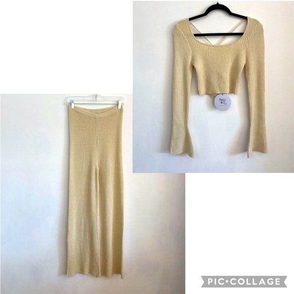 Princess Polly Lamarca Knit Set Beige Size 6 2-Piece Bellbottoms Disco Cropped - Picture 3 of 12